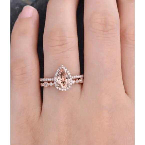 Pear Water Drop Shaped Engagement Ring Set Morganite Bridal Set Rose Gold Halo - Picture 4 of 4